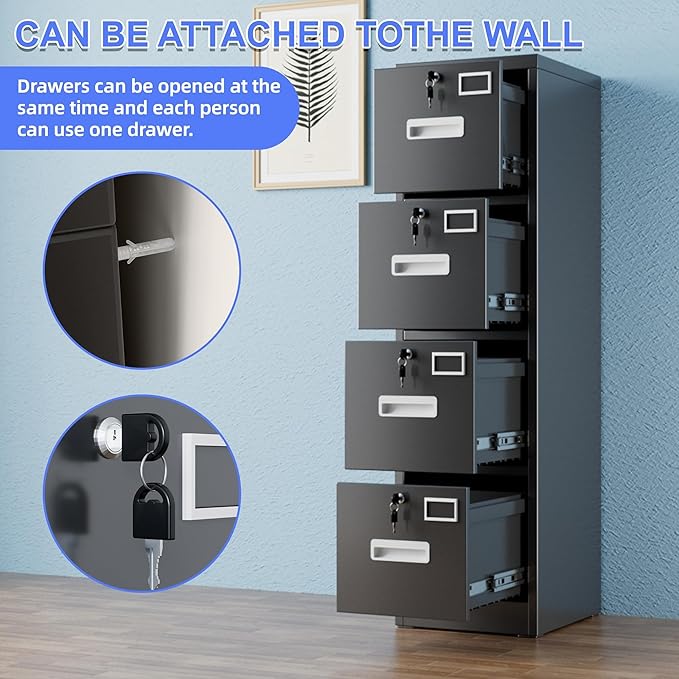 METAN Upgrade Metal 4 Drawer Files Cabinet for Home Office,Lockable Steel File Storage Cabinet with 4 Locks for Hanging Legal/Letter A4 Size, Assembly Required,Black