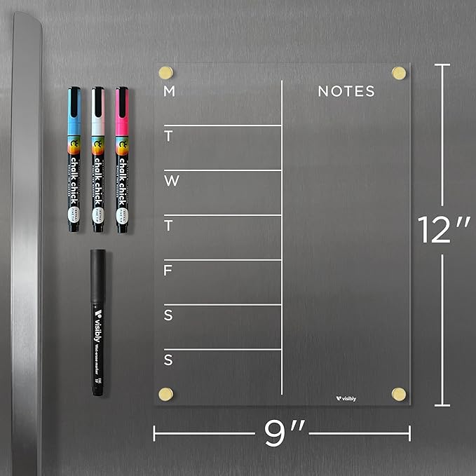 Magnetic Acrylic Weekly Calendar for Fridge, Weekly Meal Planner with Notes, Includes 4 Magnetic Wet-Erase Markers for Refrigerator, 9" X 12" | Gold Hardware