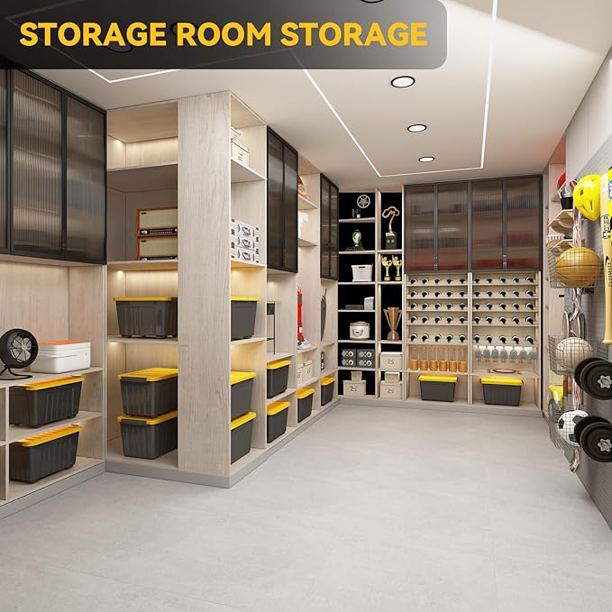 Nazhura 97 Quart Plastic Storage Bin, Stackable and Nestable Storage Boxes with Yellow Lids and Secure Latching Buckles, Large Storage Container (Black/Yellow, 97Quart-4Pack)