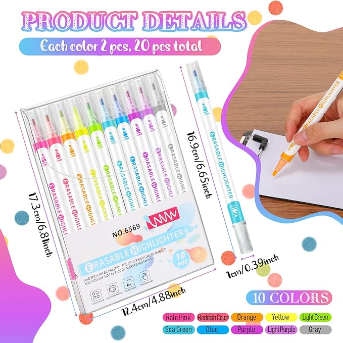 Zhehao 20 Pcs Erasable Highlighters, Smooth Writing Double Head Highlighter for School Office Back to School Supplies Occ Shoebox Gifts