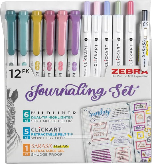 Zebra Pen - Premium 12-Pack Journaling Set - No Bleed Highlighters, CLiCKART Pens & SARASA Mark-On Gel Pen - Assorted Colors for Note-Taking, Bible Study, Bullet Journaling (14012)