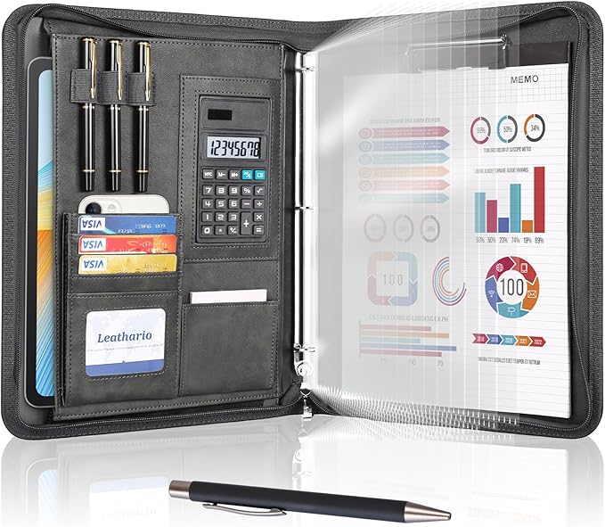 Leathario Portfolio Binder, 3-Ring Folder Organizer, Includes 5 Sheet Protectors and a Pen, Vegan Leather A4 Padfolio for Tablets, Business Conferences Professional Document Organizer, Office Supplies