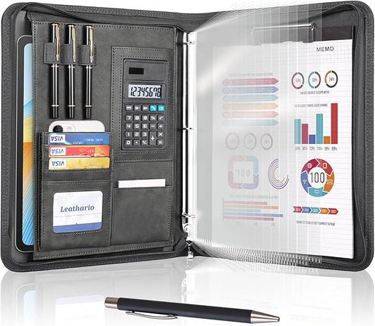Leathario Portfolio Binder, 3-Ring Folder Organizer, Includes 5 Sheet Protectors and a Pen, Vegan Leather A4 Padfolio for Tablets, Business Conferences Professional Document Organizer, Office Supplies