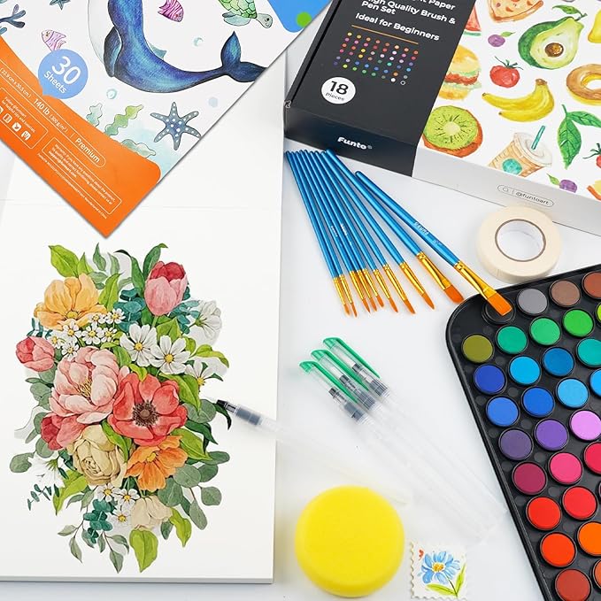 Funto Watercolor Set, 48 Color Paint Set, 10 Brushes, 30 Page Pad(9"x12"), 4 Refillable Pens & More, Painting Kit for Kids, Adults, Beginners
