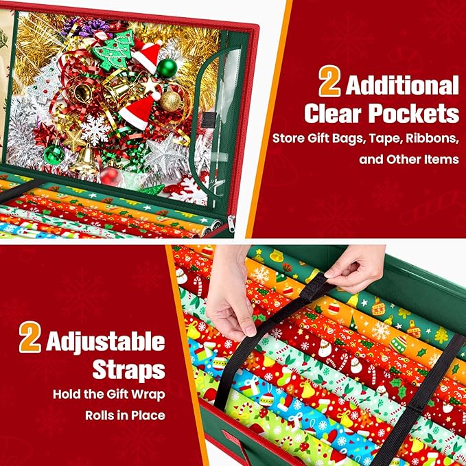 Wrapping Paper Organizer Storage, Christmas Wrapping Paper Storage for Christmas Decorations, Ribbon, Accessories, Underbed Gift Wrap Container with Flexible Partition, Interior Pockets(Green)