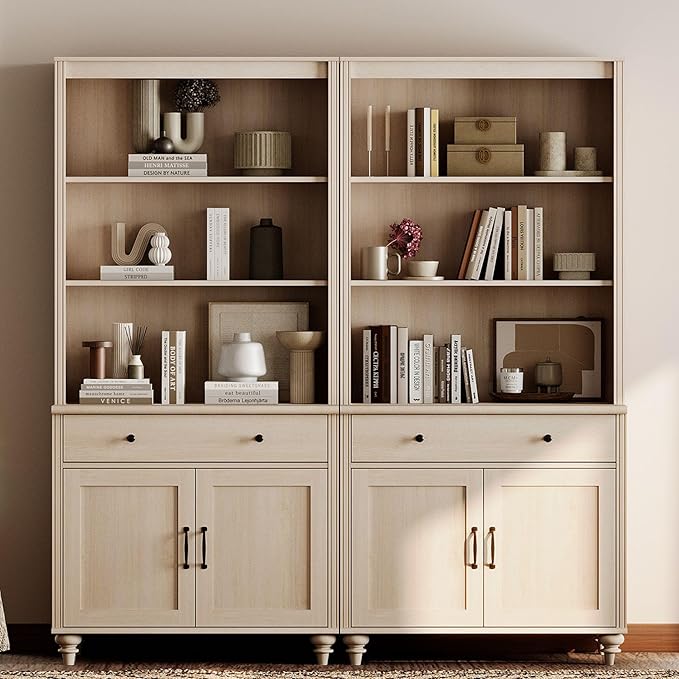 WAMPAT 5 Tier Bookshelf 72" Tall Bookcase with Barn Doors, Large Farmhouse Display Book Shelf with 2 Drawers and Storage Cabinet, Library Wood Bookshelves for Living Room,Kitchen, Light Oak(2PCS)