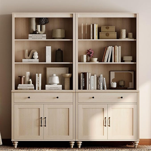 WAMPAT 5 Tier Bookshelf 72" Tall Bookcase with Barn Doors, Large Farmhouse Display Book Shelf with 2 Drawers and Storage Cabinet, Library Wood Bookshelves for Living Room,Kitchen, Light Oak(2PCS)