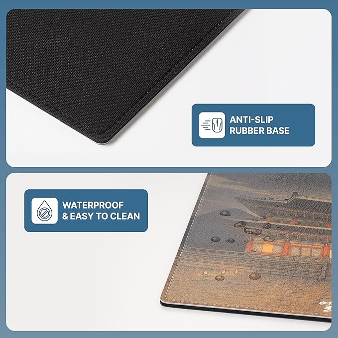 Mouse Pad Office Desk Accessories – PU Leather Mouse Pads for Desk – Anti-Slip Rubber Base with Stitched Edges – Unique Korean Palace Design Computer Pad - 9.5 x 7.9 inches