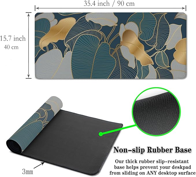 Mouse Pad for Women Gold Blue Desktop Pad Gaming Mouse Pads Large Mousepad Office Pad Waterproof Non-Slip Rubber Base 35.4" X 15.7" for Game Office, Precious Leaves of The Jungle