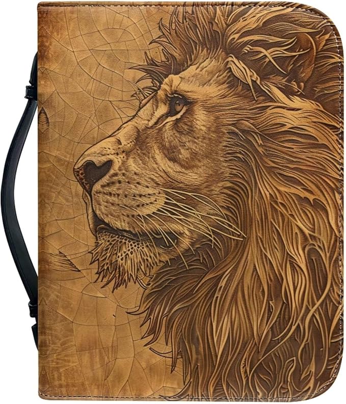 Lotusorchid Lion Print Bible Bag for Men, PU Leather Bible Cover Sturdy Bible Book Carrying Bags Christian Bible Study Accessories for Bible Study, Brown, 2XL