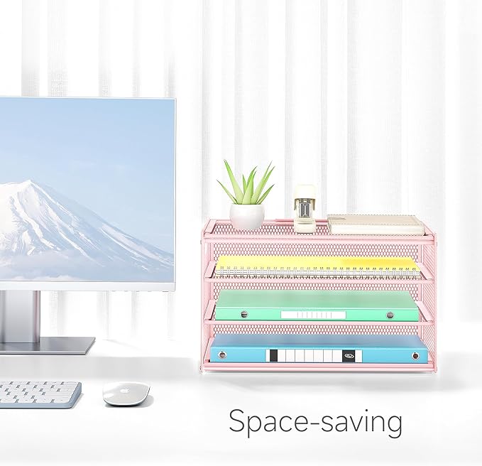 Lavatino 3-Tier Letter Tray Desk Paper Organizer – Pink Mesh Metal File Tray Organizer for Desk, Office Supplies & Home Organization | Fits A4/Letter Paper, Mail, Magazines and Office Accessories