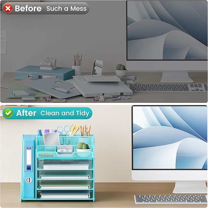 Lavatino 5-Tier Metal Mesh Desk Organizer with File Holder & 7 Customizable Compartments | Paper Letter Tray for Office or Home Desk Storage | Keep Workspace Supplies Neat & Organized, Blue