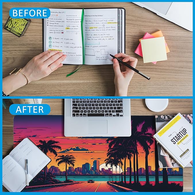 Mouse Pad,Orange Purple Miami Landscape Desk Mat for Desktop,Desk Pad with Non-Slip Base and Stitched Edge,Extended Mousepad for Office and Home 35.4X15.7 Inch