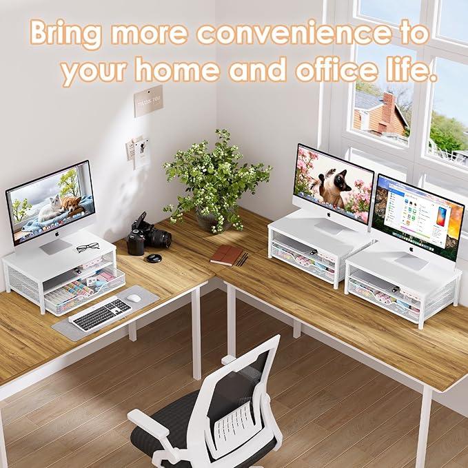 OPNICE Computer Monitor Stand Riser, Desk Organizers and Accessories with Drawer, Laptop Stand, Office Desk Accessories & Workspace Desktop Organizers Storage for Office Supplies(White)