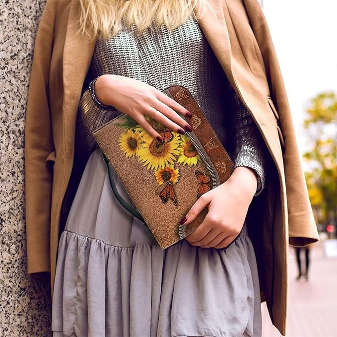 Lotusorchid Butterfly Bible Bags, Sunflower Faux Leather Bible Covers with Handle Pockets for Women, Portable Sturdy Bible Bag for Girls Ages 8-12, Christian Bible Study Accessories, Brown,M