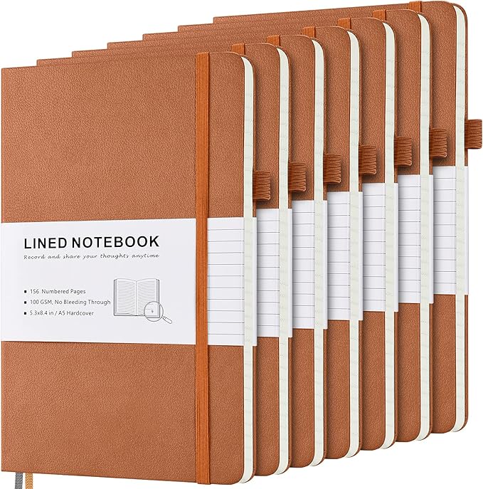MALEDEN 7 Pack Lined Journal Notebook, Hardcover PU Leather Notebook for Men Women, 100 GSM Thick Numbered Pages with Index Content, Inner Pockets, Bookmarks, A5 Ruled Writing Journal Bulk (Brown)