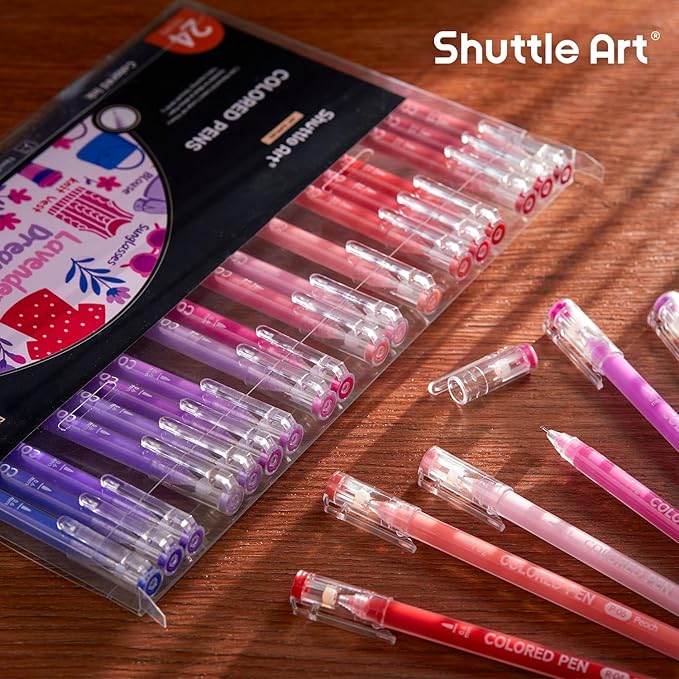 Shuttle Art Colored Pens, 24 Pink & Purple Tone Colors Cute Journal Pens 0.6mm Fine Point Colored Gel Pens for Black Paper Adult Coloring Writing Drawing Journaling Note Taking School Office Home