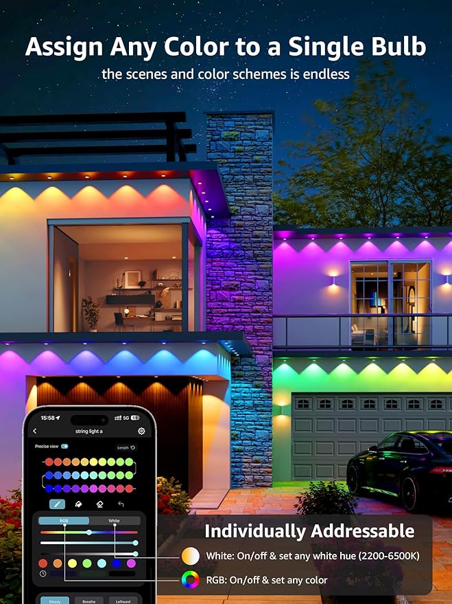 Lepro E1 AI Permanet Outdoor Lights, 100ft 60 LED RGB+IC+Warm/Cool White Smart Outside Light for House Christmas Decor, Alexa Google Enabled, 2.4 GHz WiFi/Bluetooth, APP Control NO Remote Controller