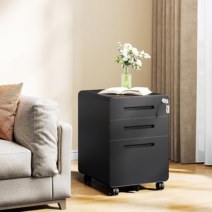 MIIIKO Mobile Filing Cabinet 3 Drawer, Rolling Small File Cabinet with Keys Under Desk, Modern Black Filing Cabinets for Home Office with Anti-tilt Wheels, A4/Letter/Legal Hanging File Drawers