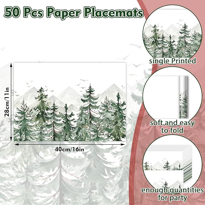 50 Pack Pine Trees Christmas Paper Placemats,16x 11 Inch Xmas Tree Disposable Placemats Seasonal Winter Xmas Holiday Table Mats for Kitchen Dining Christmas Party Decor