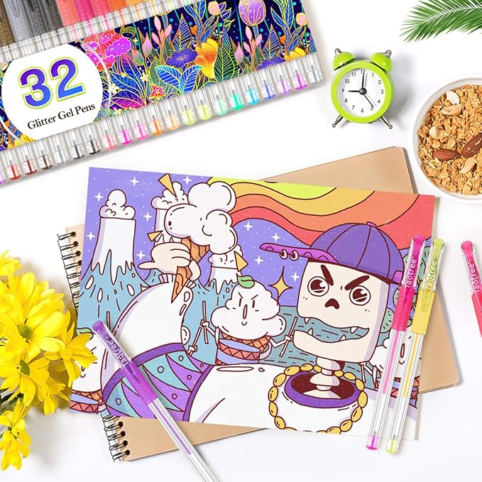 Taotree Glitter Gel Pens, 32 Colors Neon Glitter Pens Fine Tip Art Markers Set 40% More Ink Colored Gel Marker for Adult Coloring Book, Drawing Art Supplies, Scrapbook, Journaling, Sparkle Gifts