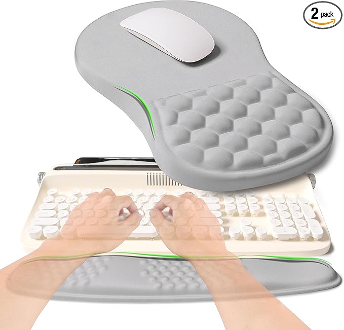 2-in-1 Ergonomic Set, Wave Rise Keyboard Wrist Rest and Massage Bulge Slope Mouse Pad Wrist Support, Cushion Memory Foam Integrated to Relieve Wrist Pain, Silver Gray