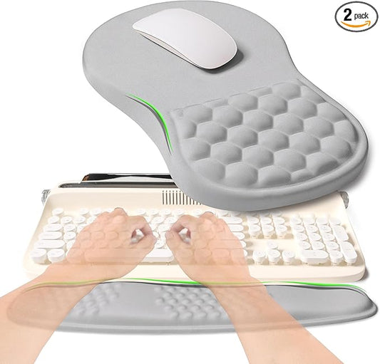 2-in-1 Ergonomic Set, Wave Rise Keyboard Wrist Rest and Massage Bulge Slope Mouse Pad Wrist Support, Cushion Memory Foam Integrated to Relieve Wrist Pain, Silver Gray