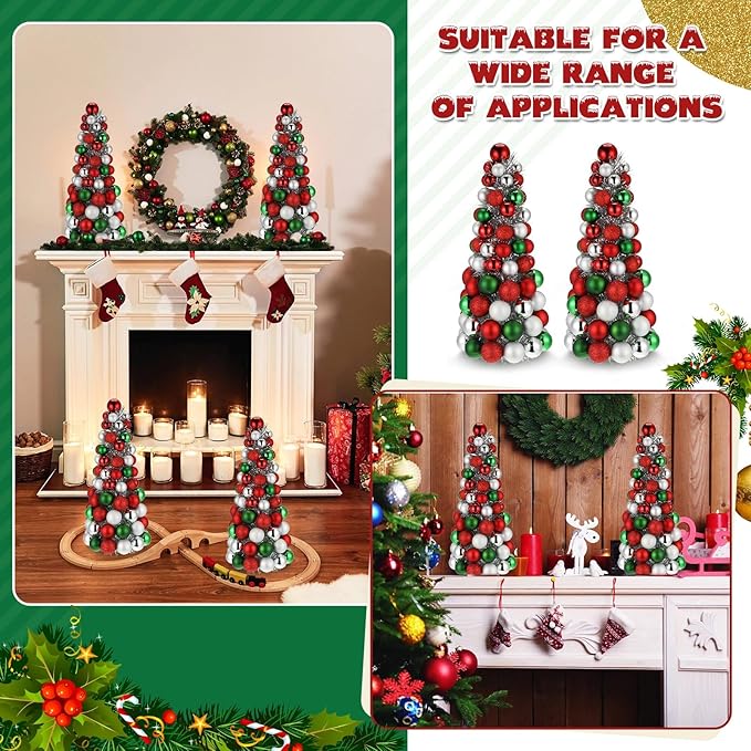 Meooeck 2 Pcs Christmas Ball Tree with Lights 16 Inch LED Fireplace Table Holiday Xmas Tree Decorations Tabletop Christmas Beach Decorations for Party(Red, Silver, Green)