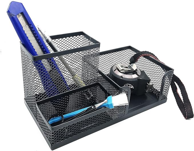 Mesh Desk Organizer,Desktop Organizer Metal Office Supplies Caddy with Pencil Holder and Storage Baskets for Desk Accessories, 3 Compartments Black