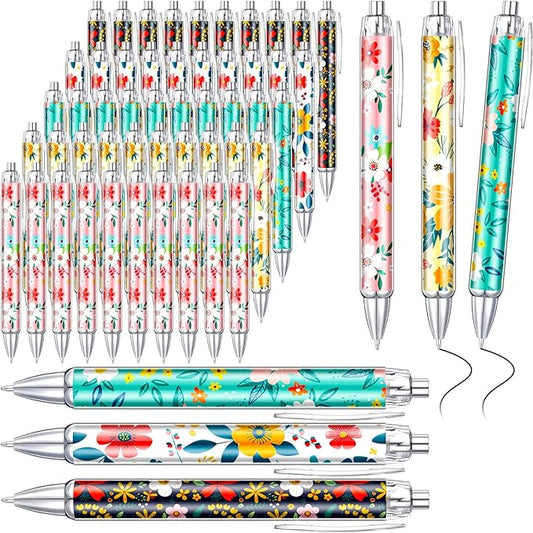 Thenshop 50 Pcs Floral Pens Bulk Flower Colorful Floral Flower Theme Gel Ink Ballpoint Pen Appreciation Gifts Party Favors for Friends Employee Office Holiday