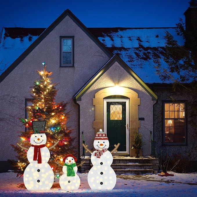 Lighted Snowman Family Outdoor Christmas Decoration, 48"| 42"| 24" H Pre-lit Snowman Lights Ornament, 2D Indoor Holiday Decor, 130 Warm White LEDs, for Yard, Lawn, Garden, Set of 3