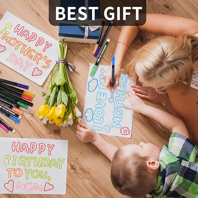 Shimmer Markers for Doodling Outline Pens – 24 Cool Marker Art Supplies for Girls Ages 8-12, Dazzling Metallic Glitter Outline Marker pens for Card Making Art Craft Super Squiggle Double Line Markers