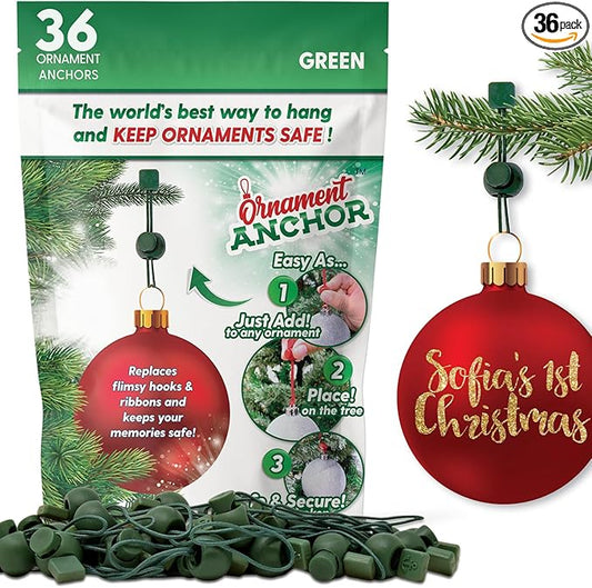 ORNAMENT ANCHOR Ornament Hooks for Hanging Christmas Decorations - No-Slip Hanging Hooks for Xmas - Heavy Duty Christmas Tree Ornaments Hanger Hooks for Small & Large Ornaments (Green, 36 Count)