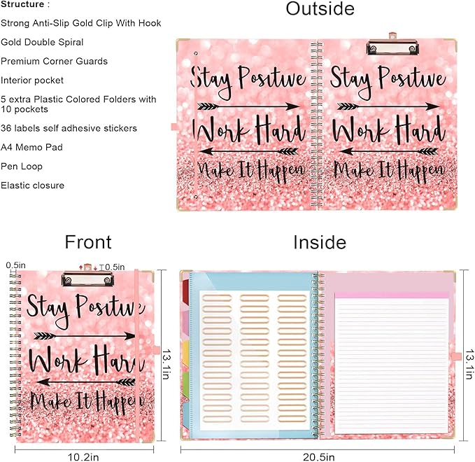 Lateefah Clipboard with Storage, File Folders with Pockets, Nursing Clipboard with Label Stickers and Notepad, Spiral Clip Board with Pen Loop for School, Office Supplies