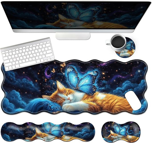 4-Piece XXL Gaming Mouse Pad Set (31.5"x11.8") with Keyboard Wrist Rest,Mouse Wrist Support & Coaster,Ergonomic Non-Slip Desk Mat for Office & Home,Cat Bule Butterfly