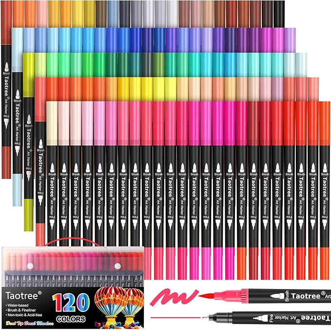 Taotree 120 Colors Dual Tip Art Markers Pens for Adult Coloring Book, Artist Fine & Brush Tip Coloring Markers Drawing Pen for Journaling Note Taking Lettering Calligraphy Craft Art Supplies Set
