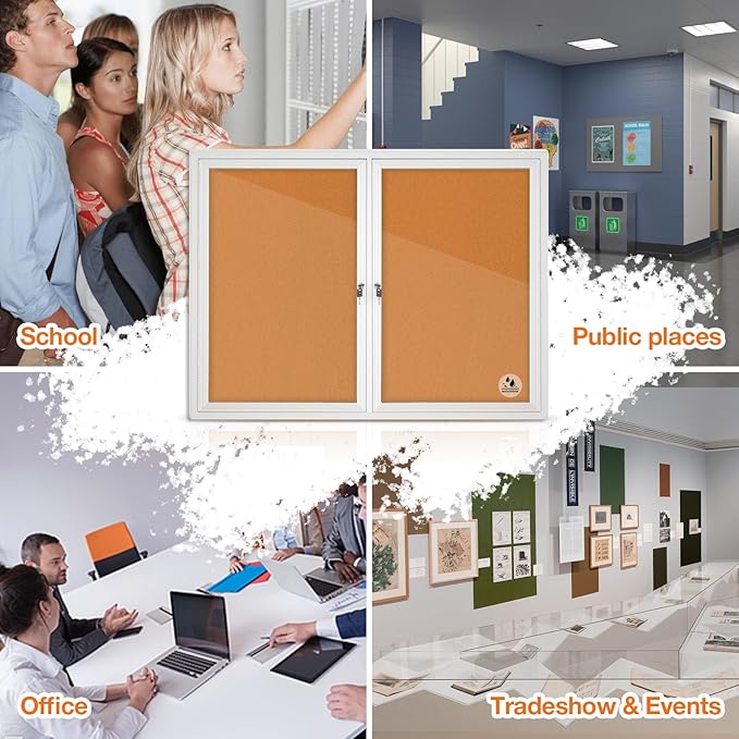 Lockable Outdoor Enclosed Bulletin Board, Weatherproof Cork Noticeboard with Locking Door, Wall-Mounted Aluminum Framed Display Case for Messages (Silver Frame & Cork, 44x32 in)