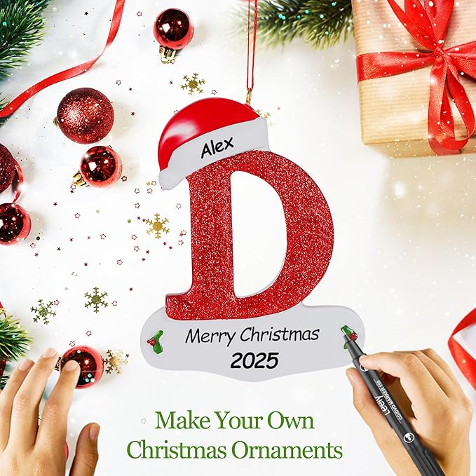 Personalized 26 Letters Ornaments for Christmas Tree 2025, Custom Christmas Ornament with Family Member's Names 3D Resin Xmas Hanging Pendant Original Gifts for Family Friends(D)
