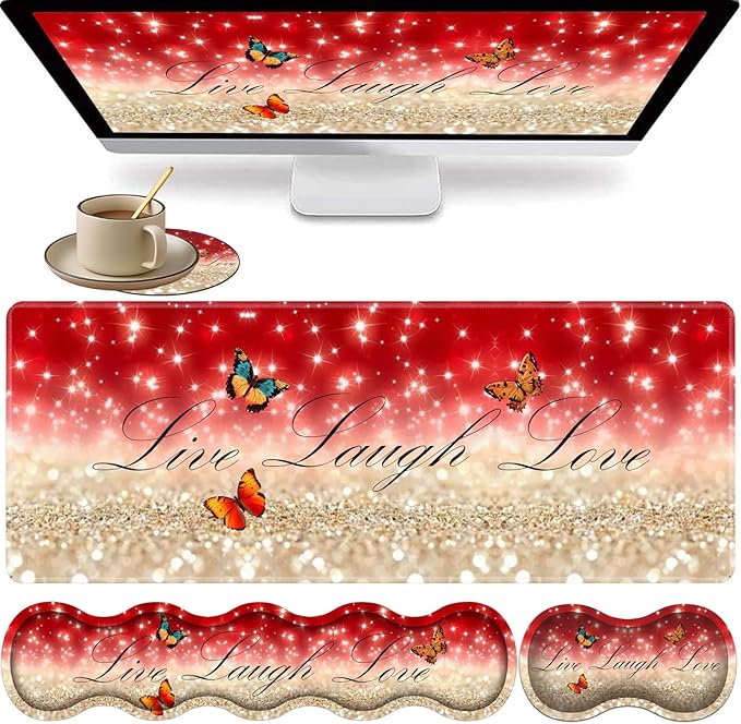 Large XXL Gaming Desk Mat 31.5"x 11.8", Ergonomic Keyboard Wrist Rest & Mouse Pad Wrist Rest + Coaster Set, Non-Slip Base, Memory Foam, Office and Home, Live Laugh Love