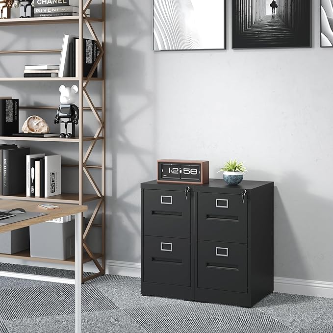 2 Drawer File Cabinet with Lock and Card Slot, Vertical Metal Filing Cabinet for Home Office Under Desk Storage for A4 Legal/Letter Folders,Silent Sliding Drawers, Assembly Required (Black)