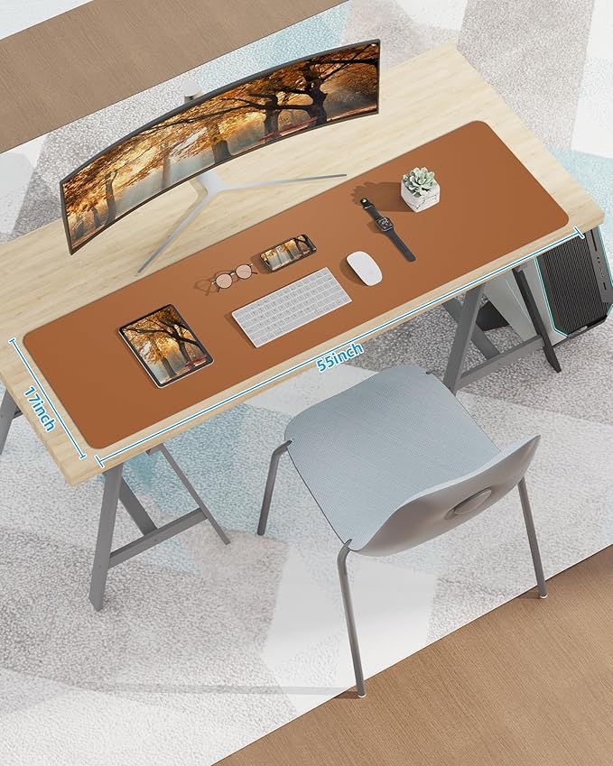 Leather Desk Pad Protector,Mouse Pad,Office Desk Mat, Non-Slip PU Leather Desk Blotter,Large Desk mat,Waterproof Keyboard mat for Office/Home/Decor (Light Brown,55" x 17")