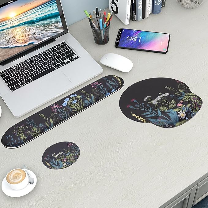 Mouse Pad and Keyboard Wrist Rest Support, with Non-Slip PU Base,Gel Mouse Pad with Coaster,Pain Relief for Gaming, Computer,Office -Flowers