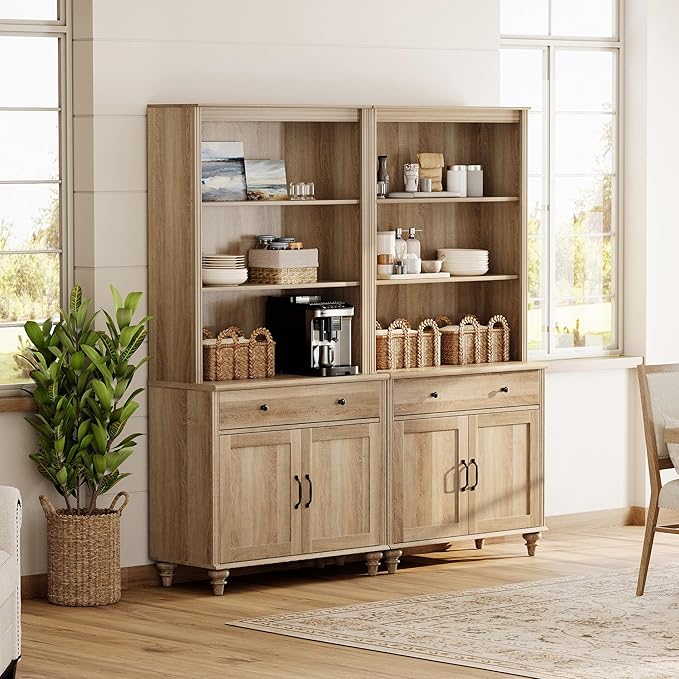 WAMPAT 5 Tier Bookshelf 72" Tall Bookcase with Barn Doors, Large Farmhouse Display Book Shelf with 2 Drawers and Storage Cabinet, Library Wood Bookshelves for Living Room,Kitchen, Oak(2PCS)