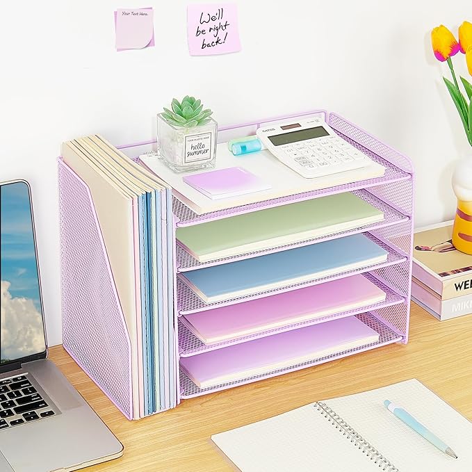 OPNICE 5-Tier Paper Organizer with Magazine Holder, Desk Organizers and Accessories, Office Desk Accessories & Workspace Organizers, Desktop File Organizer for Office Supplies Storage, Purple