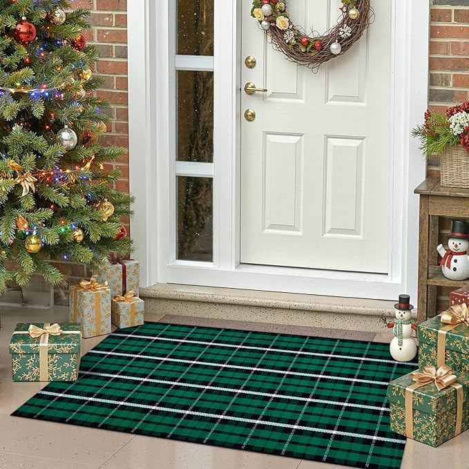OJIA Christmas Door Mat Outdoor 24"x51" Green Plaid Front Door Rug, Washable Holiday Doormat Outdoor Porch Rug Farmhouse Throw Carpet Layered Door Mats for Entrance Kitchen Indoor Decor
