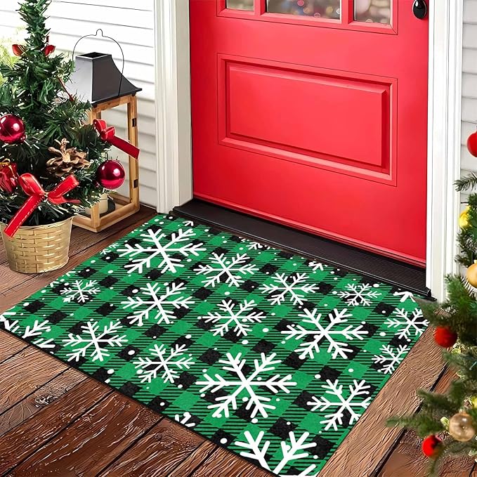 Merry Christmas Door Mat Xmas Snowflakes Doormat Non Slip Rubber Entry Front Porch Rugs Green Plaid Welcome Mats for Christmas Indoor Outdoors, 18" x 30"Inch