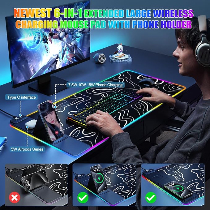 Mouse Pad with Phone Holder, Wireless Charging Desk Mat, RGB Gaming Mousepad Home Office Large Desk Pad with Ultra-Smooth Surface, Non-Slip Base, Waterproof Keyboard Pad,Topographic Black
