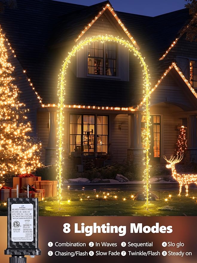 Lomotech Christmas Light Arch - 7.5Ft 360 Leds Iron Pole Archway 8 Modes Waterproof Christmas Lights with Timer for Lawn, Yard, Walkway, Garden, Party, Holiday, Christmas Decoration (Warm White)