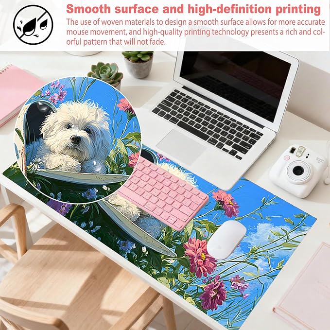 Nuxovilar Professional Large Mouse Pad & Computer Game Mouse Mat (35.4x15.7IN, Floral Puppy Art) (90 * 40cm Floral Puppy)