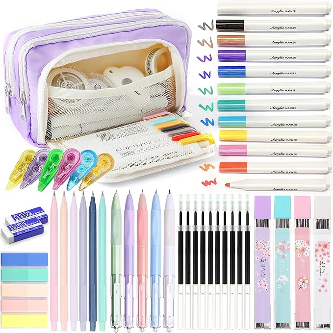 42 PCS Aesthetic School Supplies with Large Pencil Case, 12 Marker Pens with box, 5 Black Ink Gel Pens, 6 Mechanical Pencils Set, Sticky Notes, Complete Essentials Stationery Kit for Students